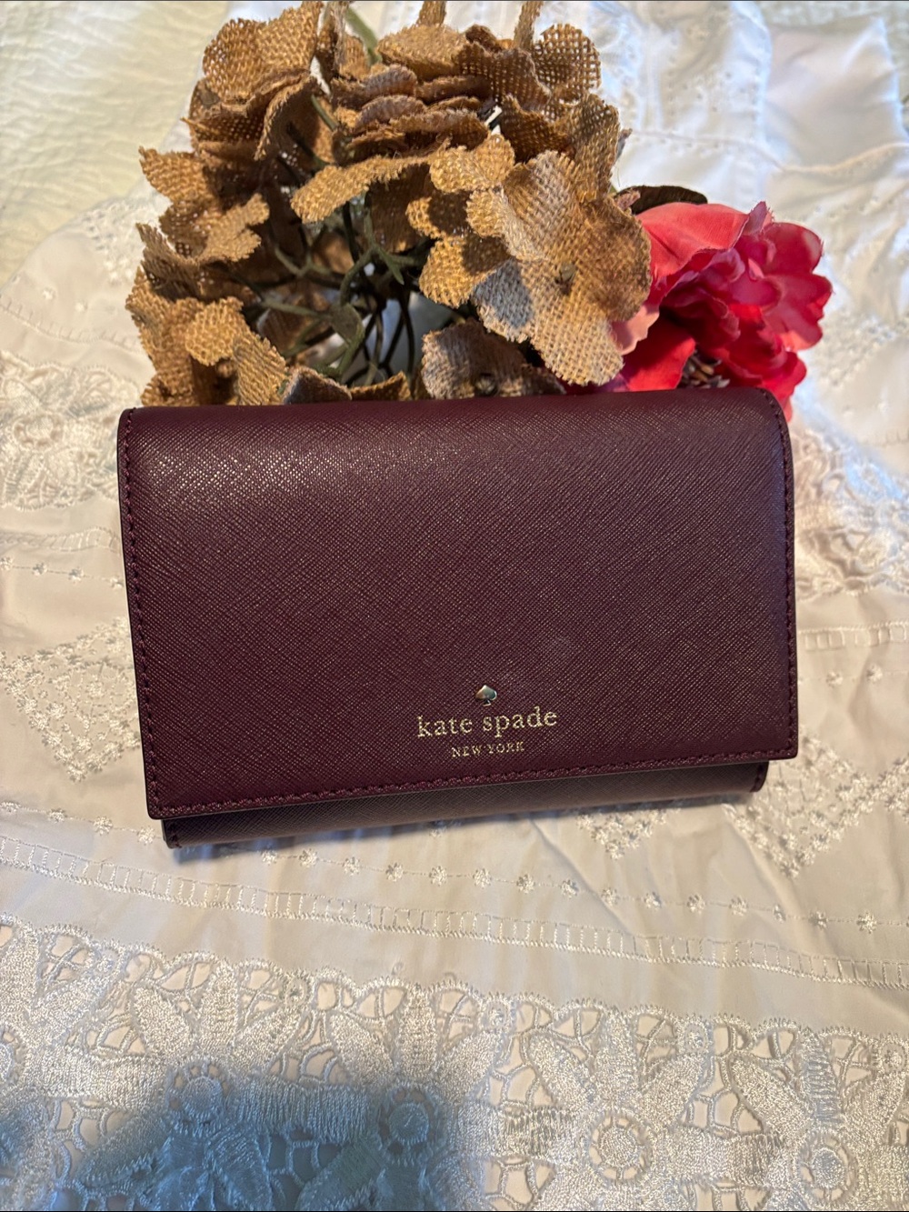 kate spade Plum Saffiano Leather Bifold Wallet with Gold Logo
